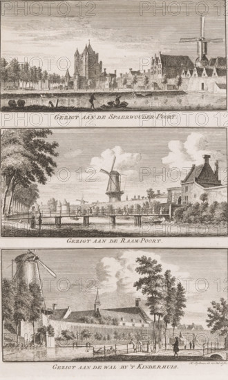 Views of the city walls and gates of Haarlem, View of the Spaerwouder Gate, View of the Raam Gate, View of the wall by the Children's Home, Views in the delightful landscapes of Haarlem, print, Three depictions. Top: View of the Amsterdammer or Spaarnwouder Gate in Haarlem. Middle: View of the bridge to the Raam Gate in Haarlem. Bottom: View of the city wall and moat between the Pinkmolen and the Poor Children's Home from the northwest., printmaker: Hendrik Spilman, Haarlem, publisher: Jan Bosch (publisher), 1763, paper, etching, height 298 mm x width 187 mm, An engraved image shows three horizontal panels stacked vertically, each depicting a waterside scene with buildings, trees, and windmills. The top panel features a wide river with small boats and figures on the water in front of a row of buildings including a tall churchlike structure and a large windmill at the right, with trees lining the far bank and a low wall or embankment along the water. The middle panel shows a bridge span...