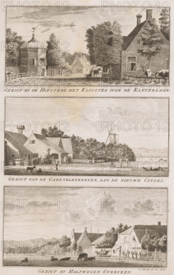 Three views around Haarlem, View by the Klooster estate across the Kleverlaan, View of the Garenbleekeryen, on the Nieuwe Cingel, View by Halfwegen Overveen, Views in the delightful landscapes of Haarlem, print, printmaker: Hendrik Spilman, Haarlem, after drawing by Cornelis van Noorde, publisher: Jan Bosch (publisher), 1763, paper, etching, height 296 mm x width 188 mm, The image shows three horizontal engraved landscape scenes stacked vertically, each framed with a thin border and separated by narrow blank bands. In the top scene there is a road flanked by trees and wooden fences, an octagonal pavilion with a domed roof and a weather vane on one side, and a gabled brick house with a chimney on the other; people and a horse appear near a shaded area under trees and livestock stand by a fence. The middle scene depicts a rural cluster of low buildings with pitched roofs and chimneys near trees, a windmill rising behind foliage, figures working and walking in the foreground, and a shorel...