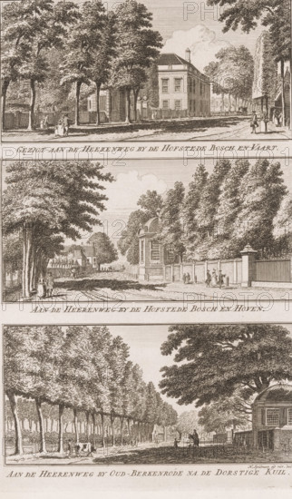 View of the Heerenweg near the Bosch en Vaart estate, On the Heerenweg near the Bosch en Hoven estate, On the Heerenweg near Oud-Berkenrode after the Dorstige Kuil, Three views around Haarlem, Views in the amusing landscapes of Haarlem, print, printmaker: Hendrik Spilman, Haarlem, publisher: Jan Bosch (publisher), 1763, paper, etching, height 295 mm x width 187 mm, A vertical engraving divided into three horizontal scenes showing tree-lined roads with buildings and people; the top scene features a wide street bordered by tall trees, a multi-story rectangular house with a pitched roof and a small chimney, fences and gates, and small groups of figures walking along the roadside; the middle scene shows a similar tree-lined avenue with a prominent ornate building with a rounded gable set behind a wall and gate, additional houses receding into the distance, and several figures strolling near the wall; the bottom scene depicts a long road lined by evenly spaced trees, a cow standing near the...