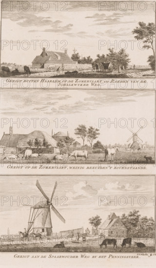 View outside Haarlem of the Zomervaart, 100 Rods from the Schalkwykerweg, View of the Zomervaart, slightly south of the above, View on the Spaarnwouder Weg by the Penningsveer, Views of the Zomervaart and the Penningsveer near Haarlem, Views in the delightful landscapes of Haarlem, print, printmaker: Cornelis van Noorde, Haarlem, publisher: Jan Bosch (publisher), 1763, paper, etching, height 296 mm x width 185 mm, A vertical print divided into three horizontal scenes, each showing rural landscapes with buildings, trees, animals, and people. The top scene depicts a long low building with a tiled roof beside open ground, a few grazing animals nearby, a small boat on the shore, a covered cart with figures standing beside it, and a line of trees at the right under a sky with thin horizontal clouds. The middle scene shows thatched houses and farm outbuildings behind a fenced yard, grazing and reclining cows and a horse in the foreground, scattered trees, and a windmill visible in the distan...