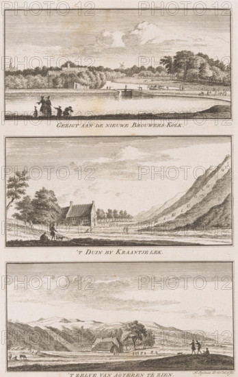 Views of the Nieuwe Brouwerskolk and Kraantje Lek in Overveen, View of the Nieuwe Brouwers-Kolk, The Dune by Kraantje Lek, Seen from behind, Views in the amusing landscapes of Haarlem, print, Three depictions. Top: View of the Nieuwe Brouwerskolk. Middle: View of the Kraantje Lek inn and the dune De Blinkert. Bottom: View of the rear of the Kraantje Lek inn in Overveen., printmaker: Hendrik Spilman, Haarlem, publisher: Jan Bosch (publisher), 1763, paper, etching, height 292 mm x width 185 mm, The image shows three horizontal rectangular landscape vignettes stacked vertically on a single sheet, each framed by thin border lines. In the top vignette there is a calm body of water in the foreground with silhouetted figures standing at the water’s edge, a small bridge or sluice structure crossing the water, and trees and low buildings beyond, with a windmill visible on the distant horizon and a sky filled with horizontal lined shading and a cluster of clouds. The middle vignette depicts a ho...