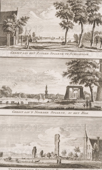 View of the Southern Spaarne at Scholenaar, View of the Northern Spaarne, by the gate, Present State of Huis ter Kleef 1761, Views of the Spaarne and Huis ter Kleef, Views in the delightful landscapes of Haarlem, print, Three representations. Top: View of the Southern Spaarne. Middle: View of the Northern Spaarne. Bottom: View of the ruins of Huis ter Kleef., printmaker: Hendrik Spilman, Haarlem, publisher: Jan Bosch (publisher), 1763, paper, etching, height 295 mm x width 187 mm, A sepia-toned etching divided into horizontal scene panels showing riverside landscapes with trees, buildings, boats on water, docks, and small groups of people; the top panel features a riverside path with a building at the left, trees along the shore, sailing vessels on the water, and figures standing near the quay; the middle panel shows a bridge structure spanning a road to the water, a large tree to the right, distant rooftops and a tall tower on the skyline, boats on the river, and people walking along ...
