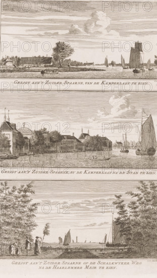 Views of the Zuider Spaarne, View of the Zuider Spaarne, seen from the Kamperlaan, by the Kamperlaan towards the City, View of the Zuider Spaarne on the Schalkwyker Weg towards the Haarlemmer Meir, Views in the delightful landscapes of Haarlem, print, Three views. Top: View of the Zuider Spaarne from the Kamperlaan. Middle: View of the Zuider Spaarne from the Kamperlaan towards the city. Below: View of the Zuider Spaarne from the Schalkwijkerweg., printmaker: Cornelis van Noorde, Haarlem, publisher: Jan Bosch (publisher), 1763, paper, etching, height 294 mm x width 184 mm, A vertical, sepia-toned engraving divided into horizontal panels showing river scenes with boats and shorelines. The top panel shows a waterway with sailboats and a small rowed vessel near a low bank with a long building, trees, and a cart. The middle panel depicts a waterfront lined with larger buildings, and a domed structure, with small boats and larger sails on the water. The lower visible panel presents a shorel...