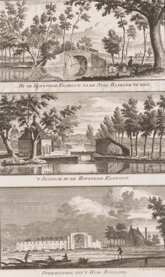 Views of the Elswout Estate and Rolland House in Overveen, By the Elswout Estate seen from the City of Haarlem, The small lock by the Elswout Estate, Remnants of Rolland House, Views in the amusing landscapes of Haarlem, print, Three depictions. Top: View of a bridge near the Elswout Estate and the city of Haarlem on the horizon. Middle: View of the lock near the Elswout Estate in Overveen. Below: View of the remains of Huis Rolland in Overveen., printmaker: Hendrik Spilman, Haarlem, publisher: Jan Bosch (publisher), 1763, paper, etching, height 298 mm x width 188 mm, A vertical engraving divided into horizontal panels showing rural scenes with waterways and trees; the top panel shows a stone bridge over a calm river with a wagon and horse crossing, tall slender trees along the banks, a group of people near the water and a large tree framing the right edge; the middle panel depicts a lock structure with a small building and a covered wooden bridge beside a tree-lined canal, reflections...