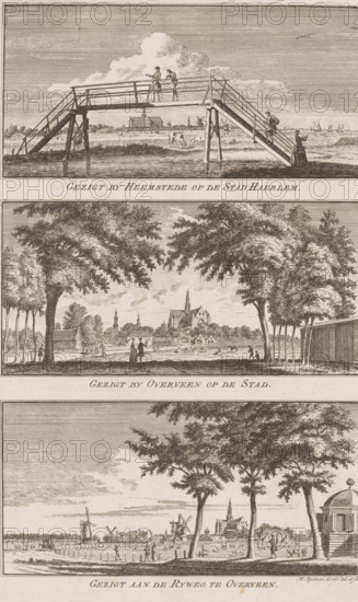 Views of the city of Haarlem from Heemstede and Overveen, View by Heemstede of the City of Haerlem, View by Overveen of the city, View on the Rijweg in Overveen, Views in the pleasant landscapes of Haarlem, print, Three representations. Top: View of a bridge near Heemstede and the city of Haarlem on the horizon. Middle: View from a road in Overveen of the city of Haarlem. Bottom: View from the Rijweg in Overveen of Haarlem., printmaker: Hendrik Spilman, Haarlem, publisher: Jan Bosch (publisher), 1763, paper, etching, height 298 mm x width 187 mm, A vertical print composed of three horizontal landscape scenes stacked with narrow borders between them, each scene rendered in fine line engraving with a muted sepia tone; the top vignette shows a wooden footbridge spanning water with a couple standing on the bridge and a person on the near bank, boats and low buildings on the distant shore, and a cloudy sky; the middle vignette presents a parklike foreground with tall trees framing a view of...