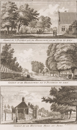 Three views around Haarlem, View by the Post House on the Heerenweg looking towards the City, View of the Heerenweg looking towards the Post House, View by the Meer-en-Berg Estate, Views in the delightful landscapes of Haarlem, print, printmaker: Hendrik Spilman, Haarlem, publisher: Jan Bosch (publisher), 1763, paper, etching, height 305 mm x width 194 mm, A vertical print containing three horizontal landscape vignettes stacked with narrow borders between them, each showing tree-lined roads and buildings in a monochrome ink engraving style. The top vignette shows a road curving past a cluster of large leafy trees on the left and a tiled-roof house with shuttered windows on the right, with small human figures near the house and a horse-drawn carriage further along the road under the trees. The middle vignette features a broad avenue flanked by rows of tall trees receding into the distance, small figures walking and riding along the road, and a low fence and buildings visible at the far ...
