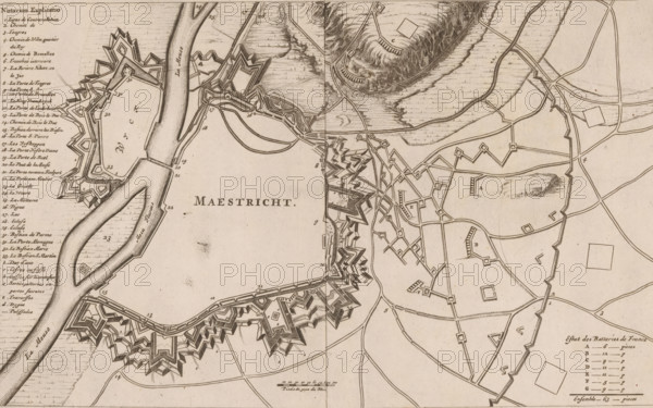 Maestricht, Fortification map of Maastricht, 1673, area plan, print, On the left a French legend 1-33. Possibly a fortification map from the Siege of Maastricht by the French, 1673., 1673 - 1675, printmaker, paper, etching, height 180 mm x width 294 mm, maps of cities, fortified city, Maastricht, Period, 1673-06-13 - 1673-06-26, A sepia-toned historical map showing a fortified town outlined by star-shaped ramparts and bastions along a river bend, with the river depicted as a wide curving waterway and labeled in large letters; the central area within the fortifications contains open space with faint textures and scattered small geometric shapes; surrounding the main fortress are networks of roads and paths connecting additional smaller fortifications, angular earthworks, and rectangular plots, with some hachured hills and textured terrain to the upper right; along the left edge is a vertical column of dense handwritten list entries, and the lower right corner contains a small legend wit...