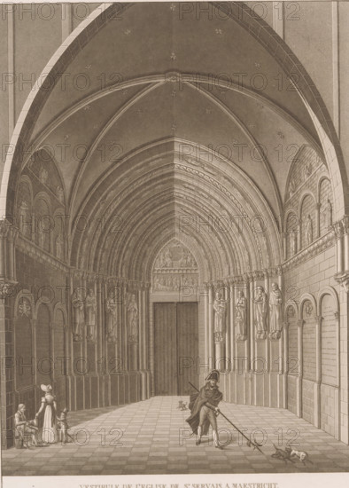 View of the Mountain Portal of the Basilica of St. Servaas in Maastricht, Vestibule de l'Eglise de St. Servais a Maestricht, print, book illustration, publisher: André Benoit Steven (II), Ghent, 1827, André Benoit Steven (II), printmaker, publisher, paper, etching, aquatint, height 307 mm x width 227 mm, A tall vaulted interior with ribbed arches and decorative stars on the ceiling leads to a large closed doorway set within concentric carved archways; the side walls feature rows of sculpted figures mounted on columns and inset arched panels, with patterned stone blocks and ornamental friezes; the tiled floor forms a checker pattern stretching toward the doorway; a cloaked figure wearing a hat stands near the foreground holding a long pole with a forked end that reaches toward two small dogs on the floor; to the left a seated person and a standing woman with a child are near the wall, and a small figure in a hat kneels beside them; wall-mounted plaques and rounded niches line the right ...