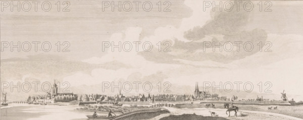 View of Deventer, print, c. 1770 - c. 1830, printmaker, paper, etching, height 176 mm x width 395 mm, river, prospect of city, town panorama, silhouette of city (city(-scape) with figures, staffage), Deventer, A wide landscape etching showing a riverside town with clusters of buildings and church towers along the middle ground, sailboats and small ships moored near a quay at the left, and a windmill near the right horizon. In the foreground there is a gently curving shoreline with a small rowboat on the water and figures in and near the boat. A rider on horseback accompanied by a dog stands on a path at the right foreground, while other small animals graze nearby. Fences and low hedges separate grassy areas, and trees punctuate the town edge. The sky above is filled with large, layered clouds rendered with fine linework.