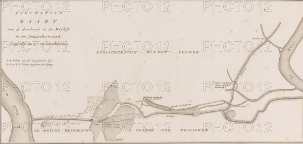 Map of dike breach in the Bommelerwaard, 1809, Figurative Map of the breach in the Meidijk in the Bommelerwaard, occurred on the 30th of January 1809, print, book illustration, map, printmaker, publisher, Amsterdam, Netherlands, paper, etching, height 276 mm x width 406 mm, A wide horizontal antique map printed in brown ink on aged cream paper showing a river entering from the right edge flowing toward the left with curving banks and textured hatch shading, a long narrow dike or road running roughly horizontally across the lower middle with patterned hatching and small structural details, irregularly shaped shaded marsh or island areas with fine parallel lines and stippling, several thin sinuous channels and canals branching from the main river with parallel line textures, small geometric plots and a few clusters of tiny tree-like symbols near the center, scattered small annotations in script style next to features, faint speckling and foxing across the paper, a thin decorative border ...