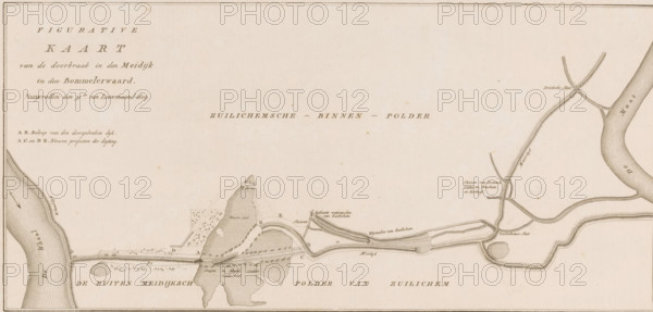 Map of dike breach in the Bommelerwaard, 1809, Figurative Map of the breach in the Meidijk in the Bommelerwaard, occurred on the 30th of January 1809, print, book illustration, map, printmaker, publisher, Amsterdam, Netherlands, paper, etching, height 276 mm x width 407 mm, A sepia-toned map-like drawing showing a wide horizontal layout with shaded waterways and landforms, including an irregular island shape near the center with contour hatching and small tree symbols on adjacent areas, sinuous rivers on both left and right edges with fine parallel line shading to indicate flow, a long narrow raised embankment or dyke running across the lower central area with small hatch marks along its length, several curved channels and loops connecting to the main waterways, short lines and stippled shading indicating terrain and marshy patches, tiny rectangular structures and linear features suggesting built elements near the embankment, delicate cross-hatching and dotted textures used throughout ...