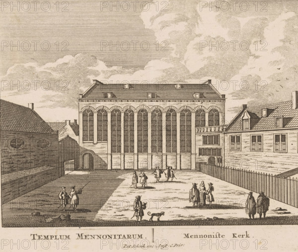Templum Mennonitarum, Mennoniste Kerk, View of the Mennonite Church Near the Lamb in Amsterdam, 100 Illustrations of the most important buildings of Amsterdam, print, Series number, 89, 100, Numbered lower right: 89., printmaker, grantor of privilege, Barent Greve, paper, etching, height 169 mm x width 204 mm, Current state of print also used in: 100 Illustrations of the most important buildings of Amsterdam. Amsterdam: Pieter Schenk (I), sa 1710-1711. And in: 100 Illustrations of the most important buildings of Amsterdam. Amsterdam: Barent Greve, sa 1757-1766.* *In the second edition, published by Barent Greve, only the title page has been modified. The other prints have remained unchanged., church (exterior), city-view, and landscape with man-made constructions (city(-scape) with figures, staffage), Protestant Churches and denominations (MENNONITES), Amsterdam, Mennonite Church at the Lamb, A wide plaza bordered by tall buildings is shown, with a large central building featuring a ro...