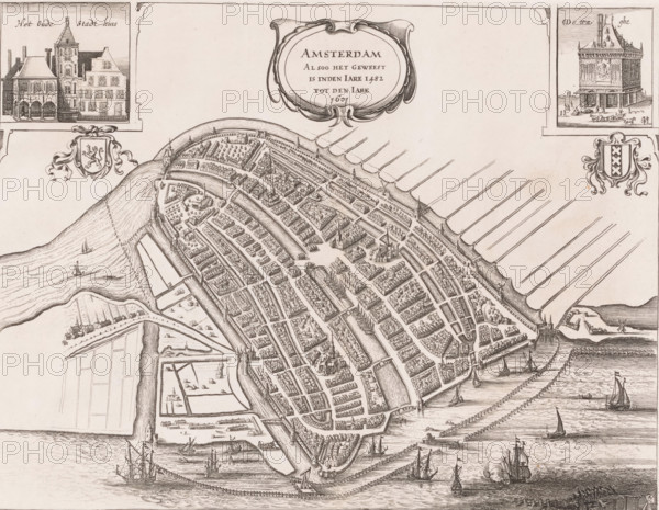 Amsterdam Alsoo het Geweest is inden Iare 1482 tot den Iare 1601, Map of Amsterdam, 1482-1601, area plan, print, book illustration, printmaker, after print by, publisher, Amsterdam, paper, etching, height 284 mm x width 370 mm, A detailed bird’s-eye ink map of a walled city with concentric canals, streets, and densely clustered buildings, showing boats and sailing ships in surrounding waters and ships docked along piers, decorative cartouches and small inset architectural drawings in the top corners, ornamental shields beneath the insets, a central ornate title cartouche near the top, and stylized patterns representing water, fields, and fortifications around the city.