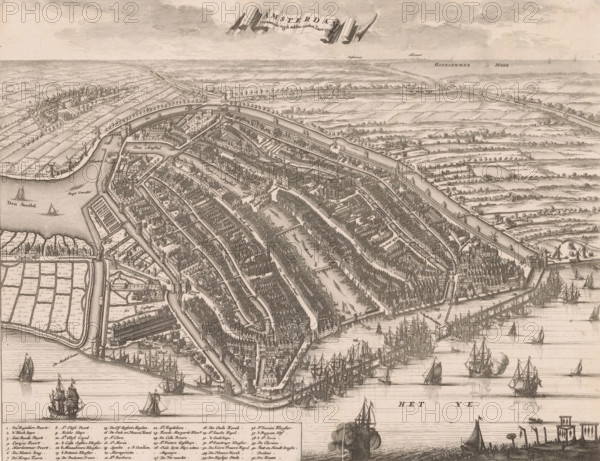 Map of Amsterdam, 1500, Amsterdam presented itself thus in the year 1500, area plan, print, book illustration, Legend 1-41 in the lower left., printmaker, after print by, publisher, Amsterdam, paper, etching, height 265 mm x width 342 mm, A detailed bird's-eye engraving of a walled port city with concentric canals, rows of densely packed gabled buildings, churches with tall steeples, and bridges spanning the waterways; ships with sails and masts crowd the harbor and approach the shoreline, while smaller boats move along the canals; fortifications and towers sit at the waterfront, and windmills and scattered farm plots appear beyond the city walls; faint clouds fill the sky above a distant flat landscape with tree-lined paths and scattered structures.