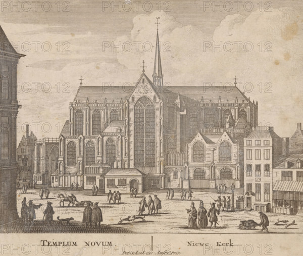 Templum Novum, Nieuwe Kerk, View of the Nieuwe Kerk in Amsterdam, 100 Illustrations of the most important buildings of Amsterdam, print, Series number, 4, 100, Numbered lower right: 4., printmaker, grantor of privilege, Barent Greve, paper, etching, height 172 mm x width 210 mm, Current state of print also used in: 100 Illustrations of the most important buildings of Amsterdam. Amsterdam: Pieter Schenk (I), sa 1710-1711. And in: 100 Illustrations of the most important buildings of Amsterdam. Amsterdam: Barent Greve, sa 1757-1766.* *In the second edition, published by Barent Greve, only the title page has been modified. The other prints have remained unchanged., church (exterior), city-view, and landscape with man-made constructions (city(-scape) with figures, staffage), Amsterdam, A detailed sepia-toned architectural engraving shows a large Gothic church with tall pointed spires, ornate arched windows with intricate tracery, buttresses, and a steeply pitched roof adorned with small orn...