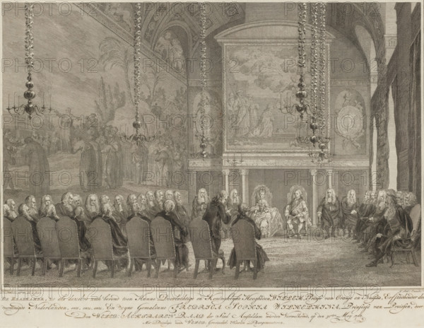 Willem V and Wilhelmina of Prussia received by the council, 1768, The Council Chamber, as it appeared when Their Illustrious and Royal Highnesses were welcomed by The Honorable Council of the City of Amsterdam, on the 30th of May 1768, Illustration of the Joyful Events and Ceremonies that took place in Amsterdam upon the arrival and during the stay of Willem and his Consort, on Monday, the 30th of May, and some subsequent days, of the year 1768, print, Reception of Stadtholder Willem V and Princess Wilhelmina of Prussia by the Council in the council chamber in the city hall on the Dam in Amsterdam, on 30 May 1768., printmaker: Reinier Vinkeles (I), publisher: Johannes Smit (publisher), grantor of privilege: Mayors of Amsterdam, 1769 - 1773, paper, etching, engraving, etching and engraving, height 303 mm x width 404 mm, Part of a print series with title print and fourteen plates of the arrival of the prince and princess in Amsterdam, 30 May - 4 June 1768., Person, William V (Prince of O...