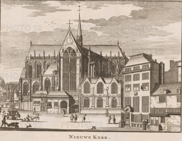 Nieuwe Kerk, View of the Nieuwe Kerk in Amsterdam, print, book illustration, Series number, 170, Numbered top right: 170., printmaker, publisher, Amsterdam, paper, etching, height 143 mm x width 174 mm, A detailed ink illustration of a large Gothic church with tall pointed windows, ornate tracery, buttresses, and a prominent central gable topped by a clock face and a cross, flanked by a slender spire and multiple pinnacles; adjacent to the church are several multi-story buildings with pitched roofs, rows of windows, and chimneys. In front of the buildings is an open paved square where small groups of people are walking and conversing, a horse-drawn cart and other horses are present, and a few small animals appear on the ground. The sky above is filled with horizontal line shading and scattered cloud forms with small flocks of birds. The overall image is composed of fine line work and hatching, creating a monochrome architectural scene.