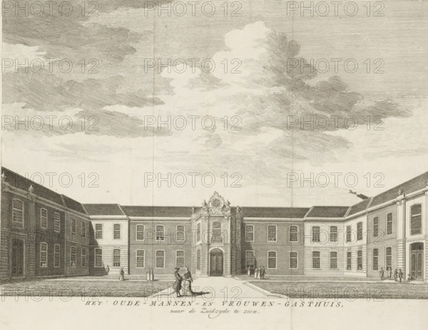 View of the Old Men's House in Amsterdam, seen towards the south, The Old Men's and Women's Hospital seen towards the south side, print, book illustration, printmaker, publisher, Amsterdam, paper, etching, height 275 mm x width 366 mm, A wide architectural engraving showing a courtyard framed by long, symmetrical brick buildings with many tall windows and pitched roofs, a central entrance pavilion with decorative sculptural elements above its doorway, small groups of people standing and conversing on the paved area and near the entrance, two figures in the foreground dressed in period clothing facing each other, trimmed grassy areas bordering the paved central path, and a sky filled with large, softly shaded clouds.