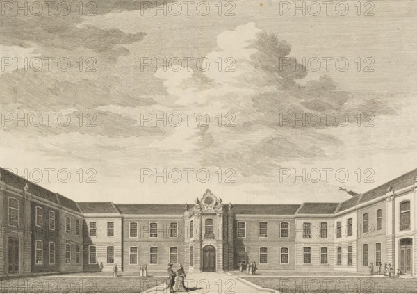 View of the Oude Mannenhuis, print, book illustration, publisher: Isaak Tirion, Amsterdam, 1760 - 1767, printmaker, paper, etching, height 273 mm x width 366 mm, A wide courtyard scene rendered in fine lines shows a large rectangular building with multiple rows of evenly spaced windows and a central ornate entrance topped by a decorative cartouche; people in period clothing stand and converse in small groups on paved pathways and on the grass areas, with a couple prominently positioned near the foreground; the building wings extend to either side, creating a framed courtyard, and the sky above is filled with layered, textured clouds.
