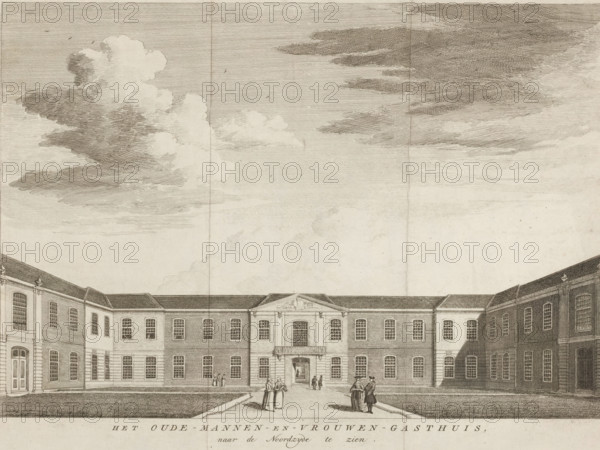 The Old Men's and Women's Almshouse viewed from the North Side, View of the Old Men's House in Amsterdam, seen towards the north, print, book illustration, printmaker, publisher, Amsterdam, paper, etching, height 276 mm x width 367 mm, A wide architectural engraving shows a symmetrical courtyard flanked by two long brick buildings with rows of tall windows and a central building featuring a decorative pediment and balcony above an arched entrance; small groups of people stand and converse in period clothing on the paved path leading to the entrance, and the foreground includes trimmed grass areas bordering the path; above the buildings a sky filled with layered clouds and subtle birds occupies most of the image.