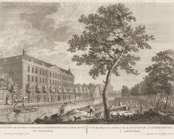View of the Lutheran Deaconry House in Amsterdam, View of the Newly Built Lutheran Deaconry House in Amsterdam, View of the New Edifice of the Lutheran Deaconry House in Amsterdam, print, book illustration, Series number, 78, printmaker: Hermanus Petrus Schouten (possibly), publisher: Pierre Fouquet, Amsterdam, 1778 - 1783, paper, etching, engraving, etching and engraving, height 274 mm x width 374 mm, A detailed monochrome engraving shows a large multi-story brick building with a pitched roof and small cupolas, rows of windows, and a tree-lined street along a canal where people walk and stand. In the foreground a tall tree with textured bark and dense foliage rises beside the water. Along the canal banks figures engage in various activities including rowing small boats on the water and working on the shore with tools and a wheelbarrow while a dog stands nearby. A sailboat is visible on the canal and trees form a shaded avenue on the right side. The sky is filled with layered, cloud-li...