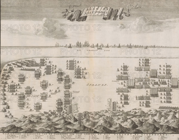 Battle of Nieuwpoort, Formation of the States and Spanish armies facing each other on the beach at Nieuwpoort, print, book illustration, after print by Floris Balthasarsz. van Berckenrode (attributed to), publisher: widow Joannes van Someren, Amsterdam, publisher: various makers, 1679 - 1684, Floris Balthasarsz. van Berckenrode, printmaker, after print by, Attributed to, paper, etching, engraving, height 272 mm x width 347 mm, Used as illustration in: Bor, Pieter. Origin, beginning, and continuation of the Dutch Wars. 4 vols. Amsterdam: 1679-1684., battle, beach, plan of battle, Nieuwpoort (Belgium), Period, 1600-07-02, A wide engraved scene divided horizontally into sky, a distant narrow band of sea with many sailing ships, a central flat shore area filled with numerous small groups of tiny human figures arranged in rectangular formations and interacting with small carts and fortification-like structures, and a foreground of textured dunes and hills. The upper sky contains parallel ho...