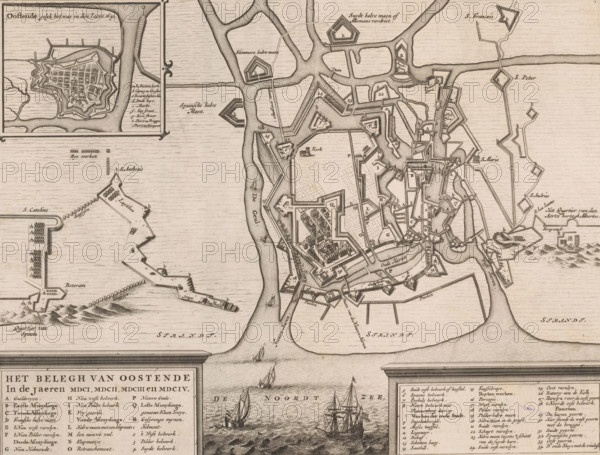 Siege plan of Ostend, The siege of Ostend in the years MDCI, MDCII, MDCIII and MDCIV, area plan, print, c. 1650 - c. 1750, printmaker, paper, etching, engraving, height 277 mm x width 363 mm, This print is most likely a copy of the print published by Blaeu in 1649, 1652 (Koeman 3175, IV.1242)., siege, fortified city, Siege of Ostend, Ostend, Period, 1601 - 1604, A detailed, vintage map printed in sepia tones showing a fortified coastal city with angular bastions, walls, canals, narrow streets, and labeled districts; surrounding waters with drawn sailing ships and small boats; inset maps of additional fortifications and harbor works; hand-drawn topographical shading for land and sea; decorative cartouche areas containing blocks of text and lists; numerous small building blocks, clustered trees, and geometric defensive works arrayed along waterways and shoreline.