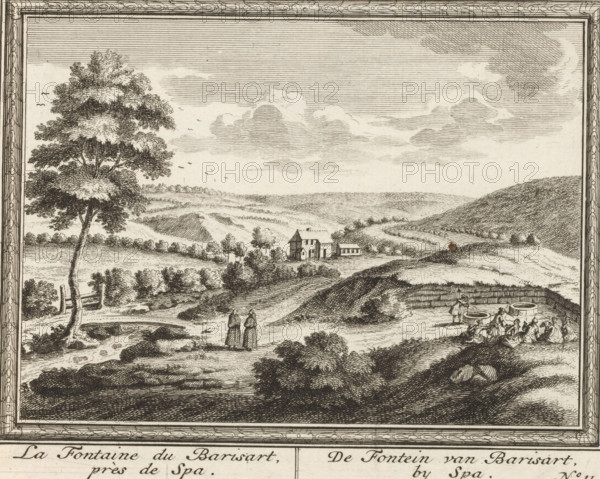 The Barisart Fountain, near Spa, by Spa, View of the Barisart Spring near Spa, Amusemens des eaux de Spa, Views of the springs near Spa, print, book illustration, Series number, 11, 14, publisher: Pieter Mortier (I), Amsterdam, 1734, printmaker, paper, etching, etchings, series bound together with twine in the left margin, height 172 mm x width 198 mm, This series of prints was used in: Pöllnitz, 1734. In this edition, however, the prints are folded. This series may be a separate edition of the prints. One print included in the book is missing (no. 4), on which no landscape is depicted., city-view in general, 'veduta', mineral water, Spa, A rectangular framed black and white landscape engraving shows a scene with rolling hills and clouds in the sky, a large leafy tree on the left near a wooden fence, a cluster of small buildings in the midground surrounded by trees, winding paths and hedgerows across the fields, two robed figures standing together on a path in the foreground, a group o...