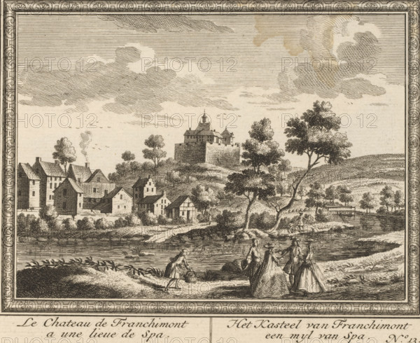 The castle of Franchimont at a place in Spa, The castle of Franchimont a mile from Spa, View of the castle of Franchimont, Views of the springs near Spa, Amusements of the waters of Spa, print, book illustration, Series number, 13, 14, publisher: Pieter Mortier (I), Amsterdam, 1734, printmaker, paper, etching, etchings, series bound together with twine in the left margin, height 172 mm x width 198 mm, This series of prints was used in: Pöllnitz, 1734. In this edition, however, the prints are folded. This series may be a separate edition of the prints. One print included in the book is missing (no. 4), on which no landscape is depicted., city-view in general, 'veduta', mineral water, Spa, A detailed monochrome engraving shows a riverside scene with a small group of figures in period dress near the water, one bending to carry buckets and three standing together in long gowns and coats. Across the river are trees and shrubs on gently rolling banks, a cluster of gabled houses and cottages ...