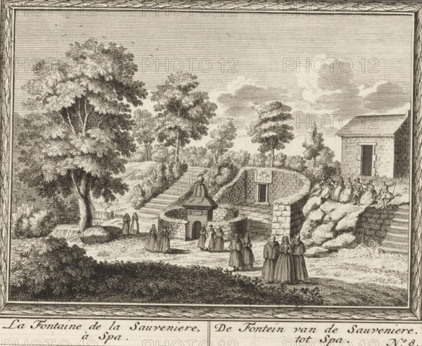 La fontaine de la Sauveniere, à Spa, De fontein van de Sauveniere, tot Spa, Gezicht op de fontein van Sauveniere in Spa, Amusemens des eaux de Spa, Gezichten van debronnen bij Spa, print, book illustration, Series number, 8, 14, publisher: Pieter Mortier (I), Amsterdam, 1734, printmaker, paper, etching, etchings, series bound together with twine in the left margin, height 172 mm x width 198 mm, This series of prints was used in: Pöllnitz, 1734. In this edition, however, the prints are folded. This series may be a separate edition of the prints. One print included in the book is missing (no. 4), on which no landscape is depicted., city-view in general, 'veduta', mineral water, Spa, A sepia-toned engraved scene shows a park-like setting with large leafy trees and a sky with horizontal shading and scattered clouds. In the middle ground a stone structure with a conical roof sits inside a low circular wall, adjacent to a stepped terrace leading down into a recessed doorway set into a curved...