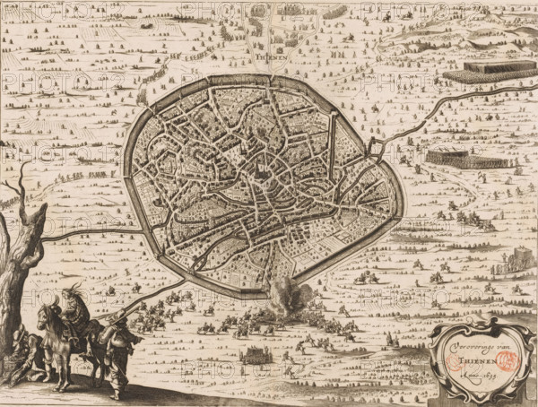 Conquest of Tienen, 1635, Conquest of Thienen, anno 1635, area plan, print, book illustration, printmaker, publisher, paper, etching, height 282 mm x width 374 mm, A bird’s-eye view engraving of a walled circular town with concentric streets and canals, buildings, towers, and trees densely packed inside the walls, surrounded by open fields dotted with small trees and scattered figures; outside the walls there are groups of mounted riders and marching soldiers, a column of troops, formations of infantry, and scenes of skirmishing and clusters of people; near the foreground a cluster of three riders on horses stands on a raised ground, one with flowing hair and another carrying a pack, beside a bare twisted tree trunk; a plume of smoke rises from a ground explosion or fire in front of the town, while distant hills, roads, and small isolated buildings fill the background, and a decorative cartouche occupies the lower right corner.