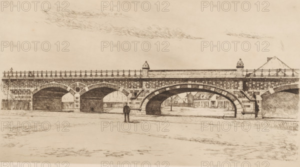 Bridge in Antwerp, print, 1825 - 1900, printmaker, paper, etching, intaglio printmaking technique, etching with plate tone, height 249 mm x width 428 mm, bridge, Antwerp, A sepia-toned drawing shows a long stone bridge with multiple rounded arches and patterned masonry, topped by a railing and small ornamental posts, with two small turret-like structures on the parapet; beneath the arches a street runs and simple buildings and a lamppost are visible through the largest central arch; a solitary figure stands on the ground in front of one arch; the foreground is an open expanse with sketchy grass and ground texture, and the sky above contains light, wispy clouds.