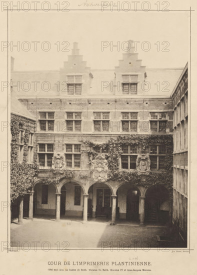 Courtyard of the Plantijn printing house in Antwerp, Cour de l'imprimerie plantinienne, Views of the Plantijn printing house, photomechanical print, View of the courtyard of the Plantijn printing house. South facade with busts of Balthasar Moretus II, IV and Joannes-Jacobus Moretus., maker: Joseph Maes, 1848 - 1908, Joseph Maes, paper, collotype, photogravure, height 443 mm x width 311 mm, The Plantijn printing house was the printing house and residence of the Plantin-Moretus publishing family, currently the Plantin-Moretus Museum., Person, Balthasar Moretus (II), Balthasar Moretus (IV), Joannes Jacobus Moretus, printing, printing office, Antwerp, A sepia-toned photograph of an enclosed courtyard showing a multi-story brick facade with rows of rectangular windows framed by stone, two stepped gables rising from the roof with small chimneys, and ivy climbing sections of the walls; the ground level features a colonnade of rounded stone arches supported by slender columns leading into shad...