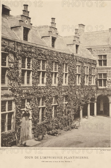 Courtyard of the Plantijn printing house in Antwerp, Cour de l'imprimerie plantinienne, Views of the Plantijn printing house, photomechanical print, View of the courtyard of the Plantijn printing house. West facade with bust of Jean Moretus I., maker: Joseph Maes, 1848 - 1908, Joseph Maes, paper, collotype, photogravure, height 445 mm x width 310 mm, The Plantijn printing house was the printing house and residence of the Plantin-Moretus publishing family, currently the Plantin-Moretus Museum., printing, printing office, Antwerp, A sepia photograph of a courtyard facade of an old stone building covered in climbing ivy, showing multiple tall rectangular windows with small panes set in stone frames and a row of dormer windows set into a steep tiled roof with ornate brick chimneys; the ground level features an arched doorway topped by a sculpted bust, a covered arcade with stone columns and arches, and a paved courtyard area in front, with tendrils of ivy and scattered low plants along the...