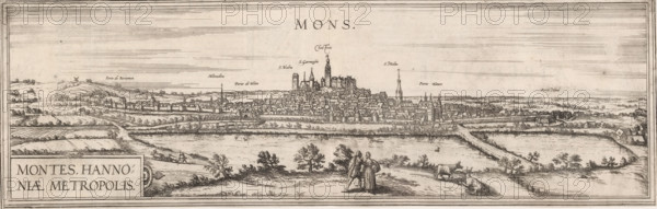 Montes, hannoniae metropolis, View of Mons, print, book illustration, View of Mons with text in Latin on verso., printmaker, publisher, Frans Hogenberg, Georg Braun, paper, etching, engraving, letterpress printing, etching and engraving with text in letterpress on verso, height 155 mm x width 480 mm, A wide sepia-toned engraving shows a panoramic view of a walled town set on slightly rising ground, with clustered buildings, towers, spires, and a prominent fortified complex at the highest point; a waterfront with fields and meadows stretches in the foreground, where small trees and shrubs dot the landscape and a road or causeway leads toward the town; two figures stand near the front, one appearing to gesture while the other faces them, and nearby grazing animals are visible; the distant horizon contains low rolling hills, scattered houses, and windmills, and the sky is filled with fine horizontal hatch marks.