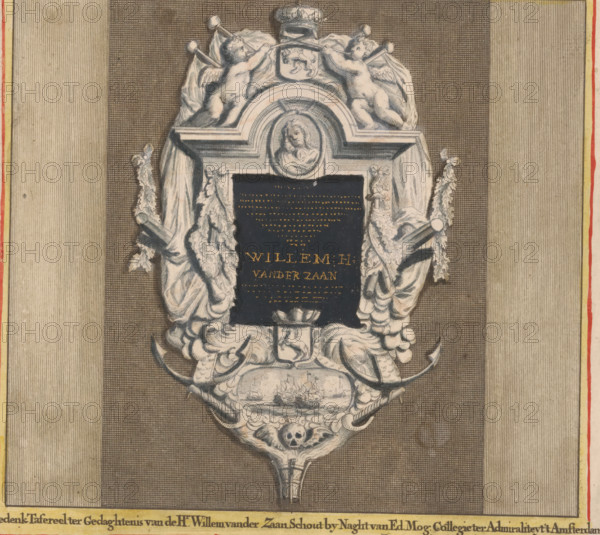 Tomb monument for Rear Admiral Willem van der Zaan in the Old Church in Amsterdam, Memorial Tableau in Memory of Mr. Willem van der Zaan, Rear Admiral of Noble and Mighty College of the Admiralty of Amsterdam, print, book illustration, publisher: Abraham Wolfgang (possibly), Amsterdam, publisher: widow Aart Dircksz. Oossaan (possibly), publisher: Andries van Damme (possibly), 1693 - 1694, 1726, printmaker, paper, etching, hand coloring, hand-colored, height 140 mm x width 158 mm, A decorative cartouche centered on a textured background framed by vertical striped borders, featuring sculpted drapery and ornamental foliage, two reclining cherubs at the top holding long staffs, a round medallion with a carved portrait above an inset dark panel, crossed anchors and ropes integrated into the lower ornamentation, a small oval scene of ships at sea within a carved frame, and a skull motif near the lowest point.