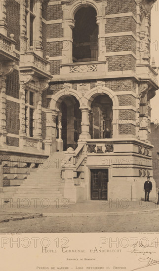 Town Hall of Anderlecht, Hotel Communal d'Anderlecht. Province de Brabant. Perron de Gauche - Loge inférieure du Beffroi, photomechanical print, maker: Joseph Maes, Antwerp, architect: Jules Jacques Ysendyck, 1879 - 1908, Joseph Maes, Jules Jacques Ysendyck, architect, paper, collotype, photoprint, height 524 mm x width 382 mm, town hall, Anderlecht, A sepia-toned photograph of a grand brick and stone building façade showing ornate architectural details, including a wide stone staircase leading to an upper terrace with balustrades, carved stone columns and arches forming a covered entrance, patterned brickwork alternating with horizontal stone bands, decorative stone reliefs and moldings around windows and archways, a pair of tall doors set into a recessed stone doorway at street level, a man in a dark suit and hat standing on the pavement near the corner of the building, another figure visible under the arches on the terrace, and a cobblestone street in front of the structure.