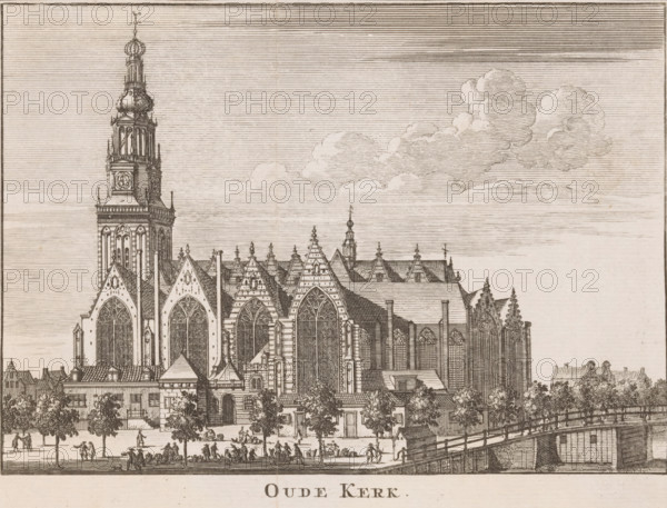 Oude Kerk, View of the Oude Kerk in Amsterdam from the Oudezijds Voorburgwal, print, book illustration, Series number, 143, Numbered top right: 143., printmaker, publisher, paper, etching, height 148 mm x width 184 mm, A detailed ink drawing of a large Gothic church with tall pointed windows, ornate tracery, steep gabled roofs, and a prominent multi-tiered tower topped with a bulbous dome and decorative finial; the church facade shows buttresses, arched doorways, and patterned roof tiles, while smaller adjacent buildings and trees line the foreground; numerous small figures are depicted walking or gathered near the entrance and along a riverside path with a wooden bridge and a small boathouse visible at the water’s edge; the sky is filled with horizontal line shading and a cluster of softly outlined clouds.