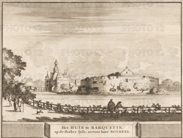 The House at Marquette on the left side, next to its rondel, View of Marquette Castle in Heemskerk, Castles, country estates and houses in the Netherlands, print, book illustration, Print marked lower right: D., printmaker: Jacobus Schijnvoet, Amsterdam, after drawing by Roelant Roghman (possibly), publisher: Pieter de Coup (possibly), 1711, paper, etching, height 141 mm x width 184 mm, Print first used in: Smids, Ludolph. Schatkamer der Nederlandse oudheden, of Woordenboek, 1711. Subsequently appeared in reissues of this work in 1737 and 1774. In 1721, an edition appeared containing only the prints: Nederlandsche oudheden, bestaan in zestige verbeeldingen, gelegen in Holland, 't Sticht van Utrecht en Gelderland enz. Amsterdam: Hendrik Bosch, 1721., landscape with tower or castle, castle, Heemskerk, Kasteel Marquette, A wide ink landscape shows a riverside scene with a long fence in the foreground and two clothed figures leaning on it while another small group walks along the path near...