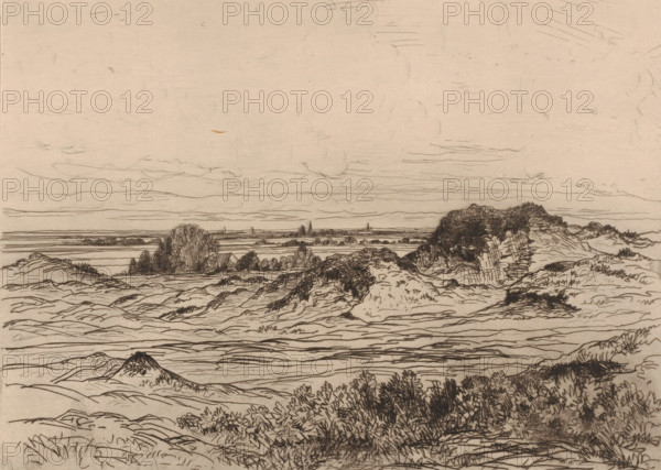 Dunes near Nieuwpoort, print, printmaker: attributed to Jules Marie Armand Goethals, 1854 - 1879, Attributed to, paper, etching, intaglio printmaking technique, drypoint, plate tone and dry needle, height 234 mm x width 302 mm, dunes (sea not visible), in the dunes, Nieuwpoort (Belgium), A wide landscape sketch on a tan background showing rolling dunes and grassy mounds in the foreground and middle ground, rendered with fine dark lines and hatch shading; scattered clumps of bushes and low vegetation occupy the nearer areas, while larger shrub-covered hills rise toward the right side; a distant flat horizon stretches across the image with thin horizontal strokes suggesting layered clouds or distant fields; the sky above is largely empty with faint linear marks and soft cloud outlines.