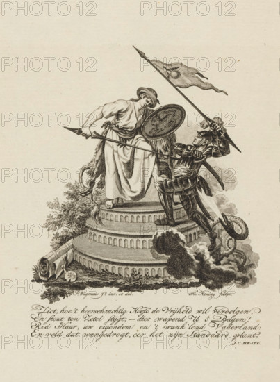 Allegory of Dutch Freedom, print, Allegory in which Dutch Freedom defends itself against Tyranny (the Domineering Head). With four-line verse., printmaker: Theodoor Koning, Northern Netherlands, after drawing by Pieter Wagenaar (II), writer (clerical worker): Johannes Christiaan Hespe, 1783, writer (clerical worker), paper, etching, engraving, height 222 mm x width 145 mm, Used as an illustration in the magazine: De politieke kruyer. Amsterdam: Jan Verlem, published in 10 parts, 1783-1787., Freedom, Liberty, 'Libertà' (Ripa) (abstract concept represented by female figure), Patriot Era (1780-1795), Period, A monochrome engraving shows a robed female figure standing on a stepped circular pedestal, holding a spear and a round shield, facing a suit of armor-clad soldier who rises on the pedestal with a raised lance and a flowing banner; the soldier wears a helmet with a plume and segmented armor, and smoke or cloud forms curl around his feet while vegetation and rolled up scrolls lie near ...