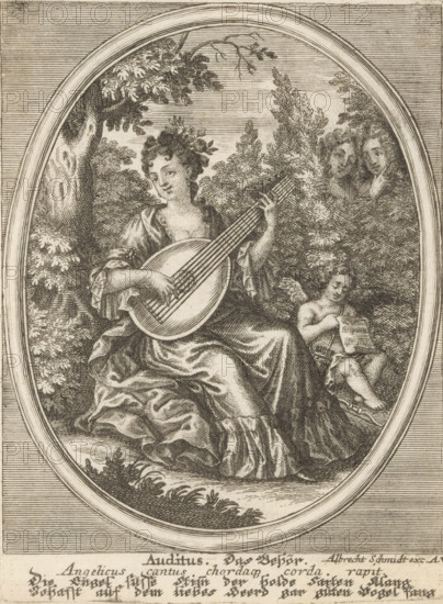 Auditus, Das Gehör, Hearing, Personifications of the five senses, print, Germany (possibly), publisher: Albrecht Schmidt, Augsburg, 1677 - 1744, printmaker, Bavaria, paper, etching, engraving, stippelwerk, height 144 mm x width 108 mm, Probably part of a series with personifications of the five senses., listening (one of the five senses), An engraved oval scene framed by parallel lines shows a seated woman in flowing drapery holding a lute across her lap, her hair curled and adorned with foliage, a large tree trunk and leafy branches behind her, and dense shrubbery surrounding her; to her side a winged child sits on the ground holding a sheet, and two faces peer from behind the foliage at the upper right, all rendered in fine etched lines and crosshatching.