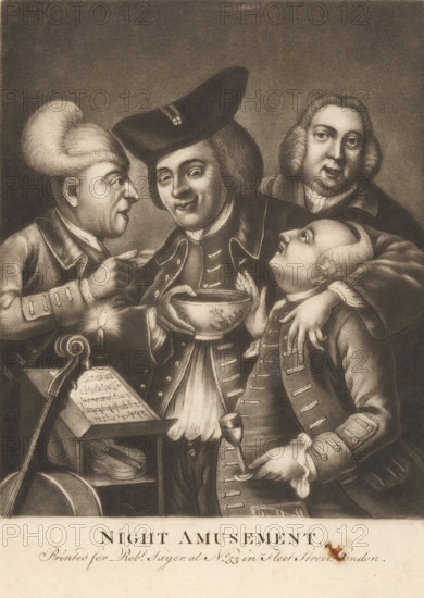 Night Amusement, Four drinking men next to a stand with sheet music, print, number: '30', inscription: 'poelman', England, after design by William Hogarth (possibly), publisher: Robert Sayer, London, 1734 - 1794, printmaker, paper, mezzotint, etching, height 152 mm x width 113 mm, viola, violoncello, double bass, alcoholic drinks, notation of music, A sepia-toned engraving shows four men dressed in historical clothing gathered closely together, their facial expressions animated; one man wearing a tricorne hat holds a bowl and looks forward with a slight smile, a second man with a tall powdered wig leans in from the left and appears to be speaking while pointing, a third man behind them has rolled hair and a neutral expression, and a fourth, smaller-looking man on the right looks up toward the bowl while clutching a goblet and wearing a coat with decorative buttons; in the lower left a candle on a stand illuminates a music stand with sheet music, and the composition includes detailed fo...