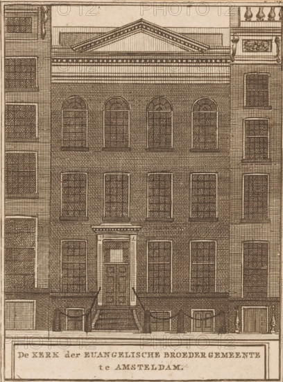 The church of the Evangelical Brotherhood Congregation in Amsterdam, View of the church of the Evangelical Brotherhood Congregation in Amsterdam, print, printmaker: Johan Christoffel Schultsz, publisher: Jan Augustijn Swalm, Amsterdam, 1799, paper, etching, height 165 mm x width 122 mm, View of the building Herengracht 248, which served as the church of the Moravians from 1798, 99 to 1806. Facade after the conversion into a church. Print published in: De Nederlandsche Mercurius, May 1799., church (exterior), A detailed architectural drawing of a multi-story brick building facade with a central entrance approached by a short flight of steps and flanked by low railings, tall rectangular windows on the ground and upper floors, and arched windows on the topmost visible floor; the facade features a triangular pediment and layered cornices at the roofline, decorative pilasters and patterned brickwork across the surface, neighboring building facades visible at the sides with similarly pattern...