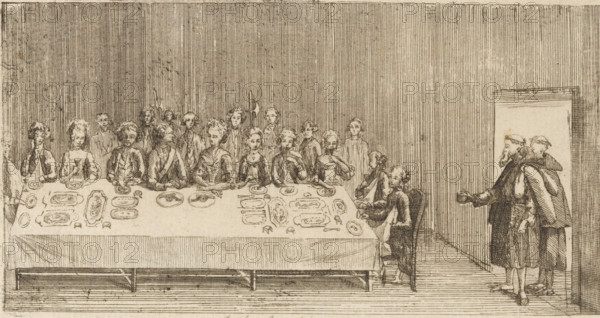 Monks begging at a banquet, Diné Canonial, Brabant Revolution, 1787-1790, cartoon, print, Caricature depicting a group of elegant men and women seated at a banquet; two begging monks with a begging bowl stand in the doorway. With the date March 23, 1788 in handwriting. Part of a large group of prints relating to the events of the Brabant Revolution and the period 1787-1790., inscription: 'V. Rijn 5037-26', Southern Netherlands, 1778 - 1790, printmaker, paper, etching, engraving, height 88 mm x width 159 mm, A long rectangular table covered with a cloth fills the foreground, set with plates, platters, and eating utensils. Seated and standing along one side of the table are a group of people in period clothing with powdered wigs and formal coats and dresses, their hands resting on the table or clasped, with varied facial expressions and hairstyles. Behind them more figures stand, some holding long staffs or utensils. At the far right, two men stand in a doorway; one faces the table holdi...