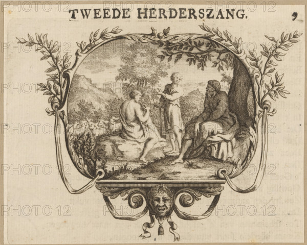 Second Shepherd's Song, Vignette with a singing competition between Astakus, Idas and Krotale, print, vignette, Numbered top left: 9., Netherlands, publisher: Johan Arnold Langerak, Leiden, 1732, Johan Arnold Langerak, printmaker, publisher, paper, etching, engraving, letterpress printing, etching and engraving with text in letterpress, height 94 mm x width 123 mm, Vignette from: Kempher, Gerard. Shepherd songs. Titus Calpurnius and M. Aur. Olympius Nemesianus. Leiden: Johan Arnold Langerak, p. 9., herding, herdsman, herdswoman, shepherd, shepherdess, cowherd, illustration, printed matter, book, competition, art contest, An ornate oval frame with leafy scrollwork surrounds a landscape scene showing three clothed figures positioned on rocky ground beneath a tree, one seated on a rock with a bare back visible, another standing and gesturing, and a third seated with a cloak and contemplative posture; sheep graze near vegetation in the midground and distant hills form the background, while...