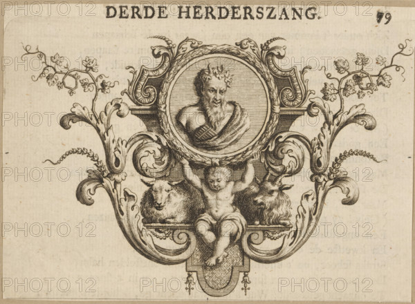 Vignette with a medallion depicting Pan held up by a putto, Third Pastoral Song, print, vignette, Numbered top left: 79., Netherlands, publisher: Johan Arnold Langerak, Leiden, 1732, printmaker, paper, etching, letterpress printing, etching with text in letterpress, height 92 mm x width 132 mm, Vignette from: Kempher, p. 79., illustration, printed matter, book, herd, flock, (story of) Pan, A detailed engraved ornamental design shows a central circular medallion containing a bearded male bust with a laurel crown and draped cloth, surrounded by an ornate frame with acanthus and scroll motifs; below the medallion a cherubic child sits with arms raised, seated between the heads of a ram and a horned goat, all supported on a decorative plinth with patterned surface and hanging bead details; symmetrical leafy scrollwork and vine-like branches with small leaves and flowers extend outward from the central composition against a textured paper background.