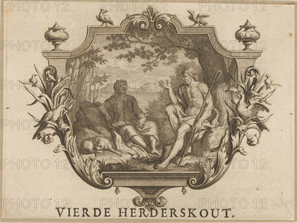 Vignette with two shepherds, Fourth Shepherd's Song, print, vignette, Netherlands, publisher: Johan Arnold Langerak, Leiden, 1732, Johan Arnold Langerak, printmaker, publisher, paper, etching, letterpress printing, etching with text in letterpress, height 100 mm, width 132 mm, Vignette from: Kempher, Gerard. Shepherd's Songs. Titus Calpurnius and M. Aur. Olympius Nemesianus. Leiden: Johan Arnold Langerak, p. 85., herding, herdsman, herdswoman, shepherd, shepherdess, cowherd, illustration, printed matter, book, A decorative engraved cartouche with ornate scrollwork frames a pastoral scene where two seated male figures face each other beneath a large tree, one holding a staff and gesturing with an outstretched hand while the other sits more reclined on a rock. Surrounding the central scene are stylized foliage and flowers that curve into the frame, with various birds perched among the leaves and on decorative pedestals at the top corners. A reclining dog lies near the seated figures, and...