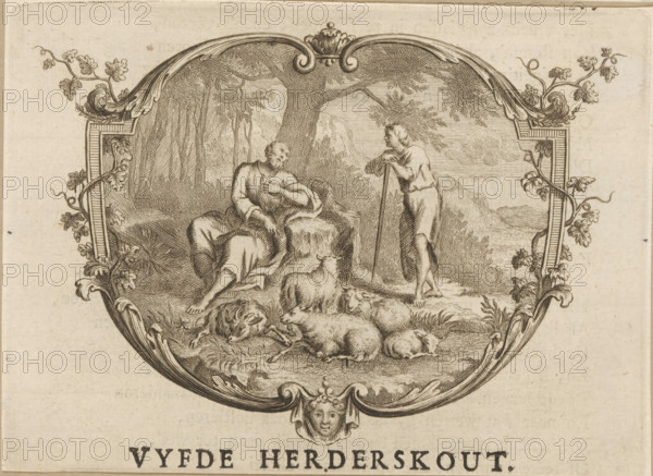 Fifth Shepherd Song, Vignette with the two shepherds Mikon and Kantus, print, vignette, Netherlands, publisher: Johan Arnold Langerak, Leiden, 1732, printmaker, paper, etching, letterpress printing, etching with text in letterpress, height 99 mm x width 135 mm, Vignette from: Kempher, p. 39., herding, herdsman, herdswoman, shepherd, shepherdess, cowherd, illustration, printed matter, book, A detailed oval engraving shows a pastoral scene framed by ornate scrolling foliage and carved architectural elements, with a crowned decorative crest at the top and a face motif at the bottom center of the frame. Inside the oval, a seated man in simple draped clothing rests against a rock under a large leafy tree, one hand touching his chest. Nearby a standing figure leans on a long staff, facing the seated man. Several sheep lie and graze on the ground in the foreground, and additional animals rest near the seated figure. The background features distant hills, clustered trees, and a textured sky cr...