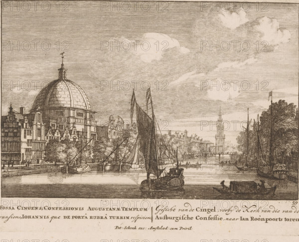 Fossa Cingens, Confessionis Augustanae Templum transien, Johannis que de porta Rubra turrim respiciens, View of the Singel, near the Church of the Ausburg Concession, after Jan Roonpoort's tower, print, Series number, 59, printmaker: Carel Allard (possibly), printer (person): Pieter Schenk (I), Amsterdam, 1680 - 1700, Pieter Schenk (I), Carel Allard, unknown, printmaker, printer (person), provider of privilege, paper, etching, height 130 mm x width 170 mm, canals, waters (in city), Jan Roodenpoortstoren, Nieuwe Lutherse Kerk, A detailed sepia-toned etching shows a riverside cityscape with a large domed building on the left, its surface segmented into panels and topped by a small cupola and weather vane, surrounded by multi-story classical buildings with ornate facades and gabled roofs; boats of various sizes with tall masts and sails are moored along the river and some are under way, their rigging and spars rendered in fine lines, while smaller rowboats with seated figures move near th...